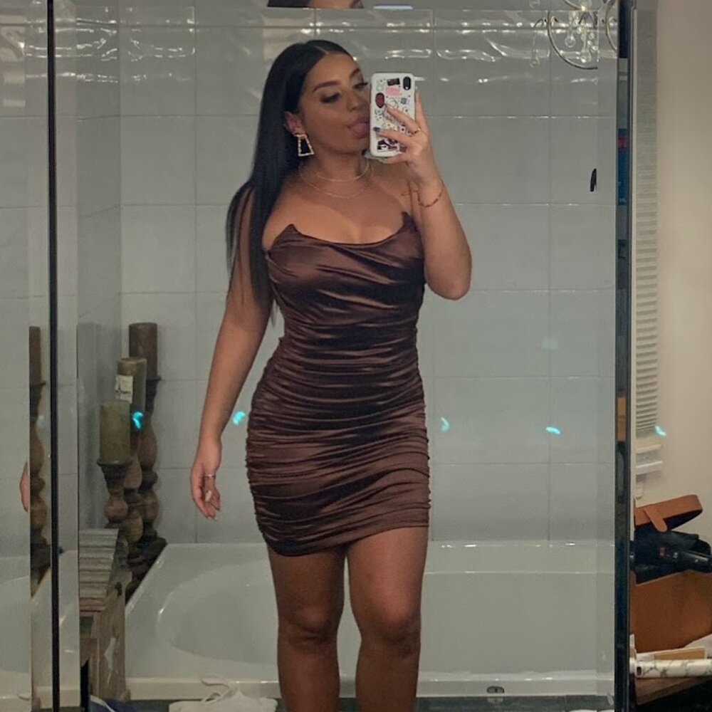 Tic Toc Brown Satin Mini Dress - Size Medium